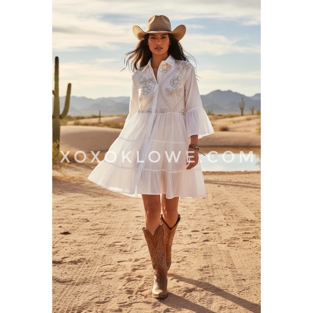 POL White Embroidered Tiered Mini Dress | Ruffle Sleeve Button Front Collared - Picture 12 of 12